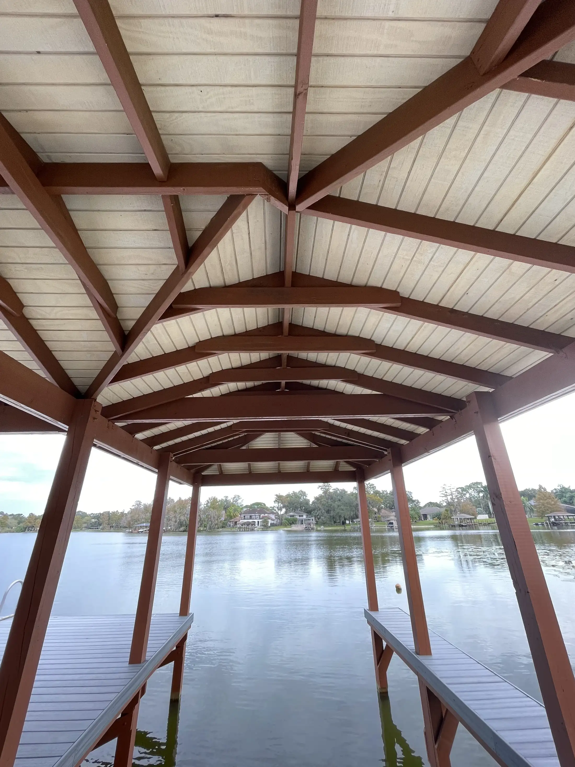 Interior roof framing detail of a covered dock structure