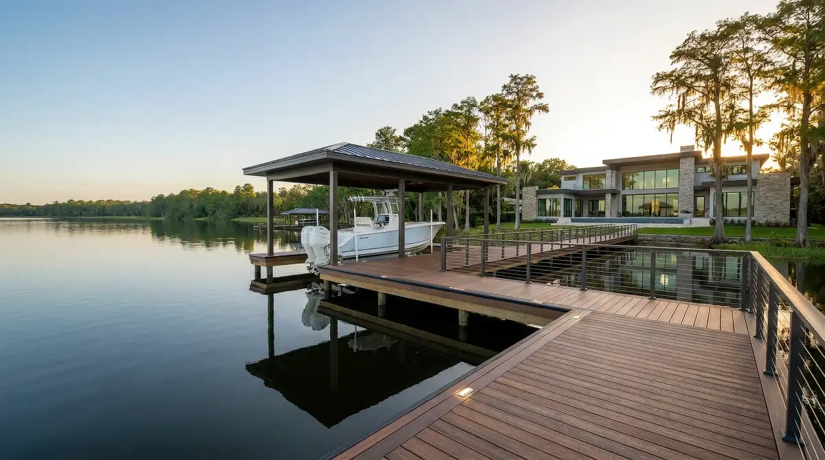 Covered boat dock at sunset with boat
