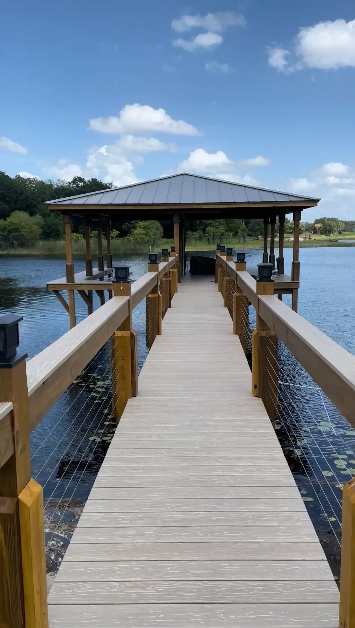 Elevated dock walkway with cable railing leading to the water